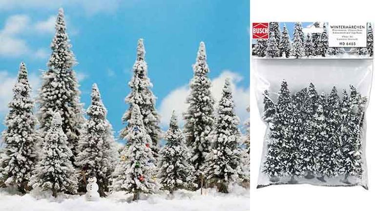 BUSCH 6465 Ели в снегу и снеговик (10 деревьев ~60—135 мм), 1:87—1:120
