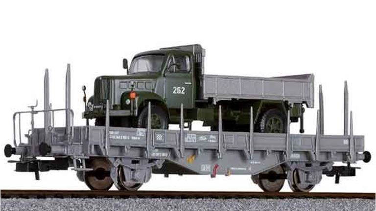 LILIPUT 235047 Платформа (Kms-w) с военным автомобилем, H0, IV, SBB-CFF