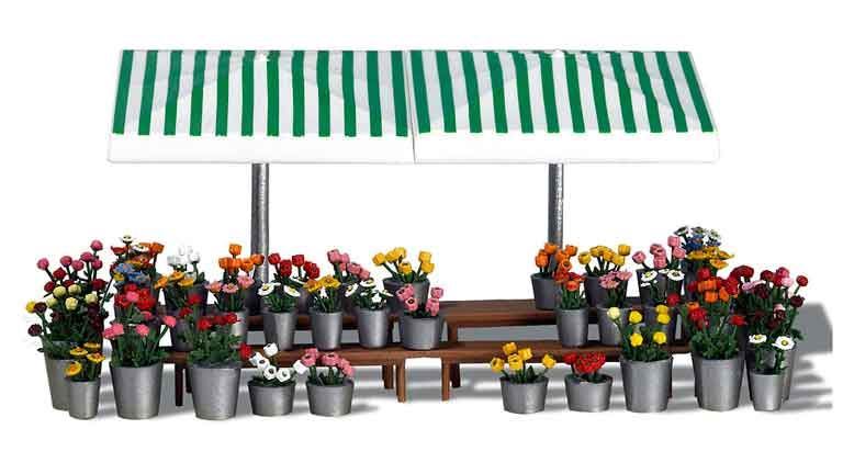 BUSCH 1072 Цветочный рыночный торговый прилавок (зонты, столы, горшки и 200 цветов), 1:87