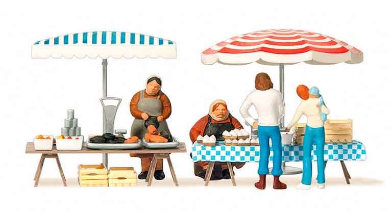 PREISER 10052 Рыночные прилавки и 4 фигурки, 1:87