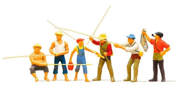 PREISER 10077 Рыбаки и рыболовы-спортсмены (6 фигурок и аксессуары), 1:87